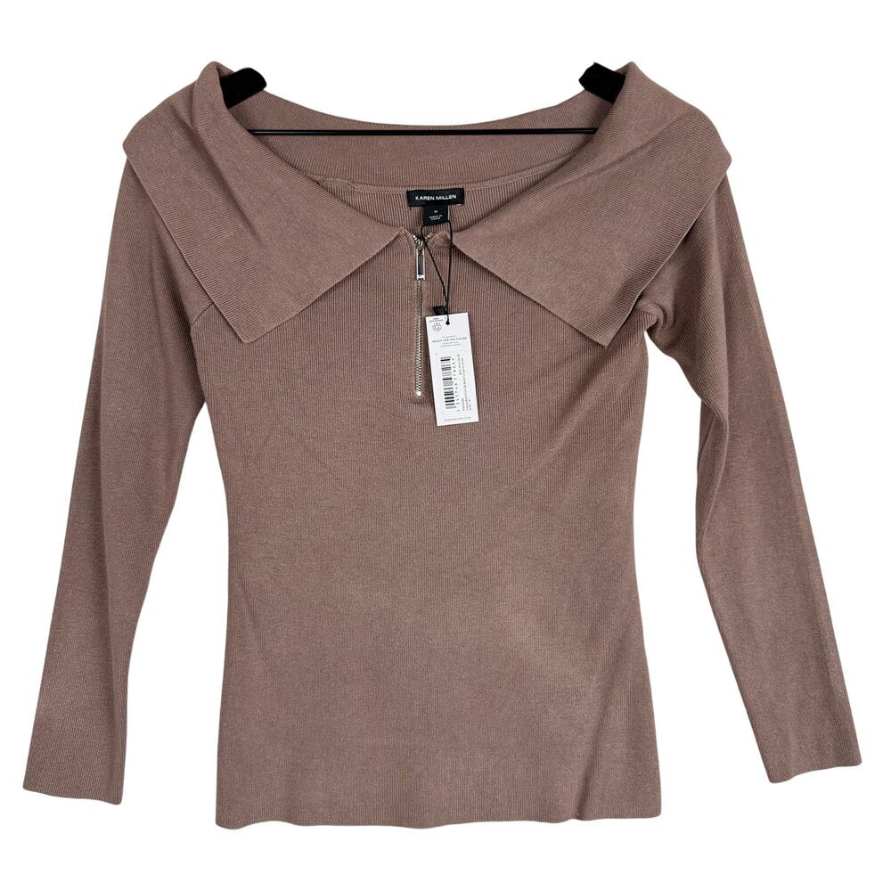 New Karen Millen Boat Neck 1/4 Zip Stretch Sweater Brown - M
